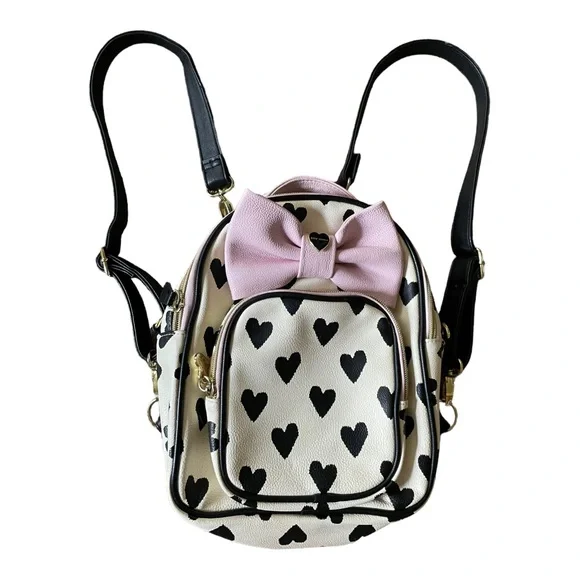 Betsey Johnson Mini Backpack Baby Pink and Black Hearts